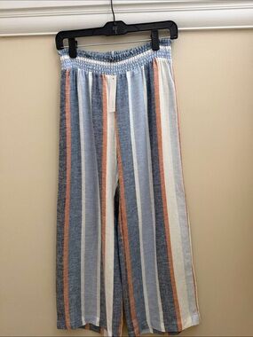 DREW Cropped Wide-Leg Striped Pull-On Pants - Blue, White & Orange
